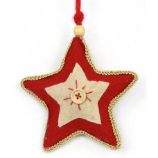 Χριστουγεννιάτικο Κρεμαστό Υφασμάτινο Αστέρι, Κόκκινο και Καφέ με Κουμπί (12cm)